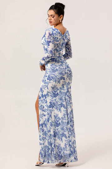 White Blue Flower V Neck Sheath Print Long Sleeves Bridesmaid Dress with Slit